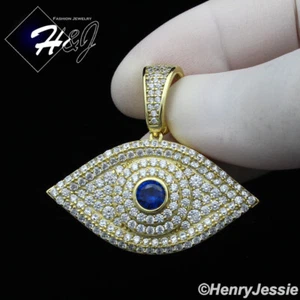 925 STERLING SILVER ICY CUBIC ZIRCONIA BLUE 3D EVIL EYE GOLD PLATED PENDANT*G338 - Picture 1 of 4