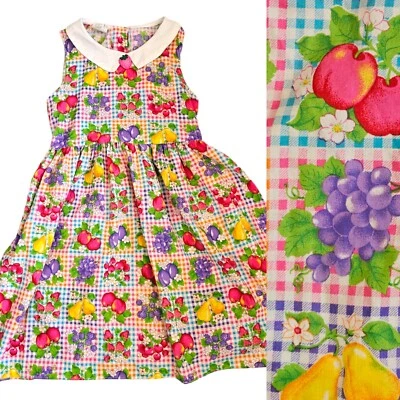 Vintage 90s Girls Large 10/12 Checkered Fruit Casual Sun Dress Strawberry USA - Image 1 of 4