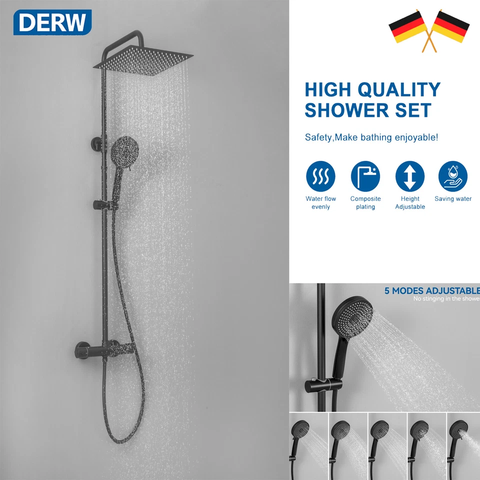 Edelstahl Duschset Duschsystem Verstellbare Duschstange Runder Duschkopf Schwarz - Bild 1 von 4