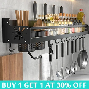 Wall Kitchen Shelf Utensil Hanging Pot Rack Saucepan Pan Organiser Hanger +Hooks - Picture 1 of 16