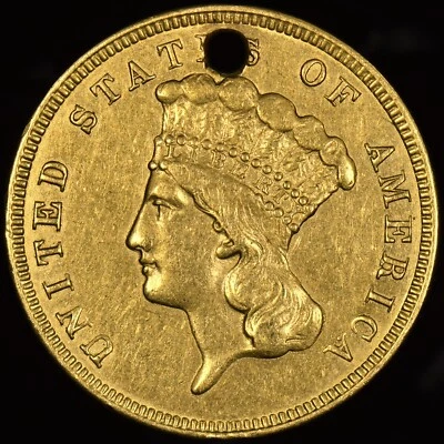 1860-S $3 GOLD PIECE ✪ AU ALMOST UNC DETAILS ✪ COIN HOLED HOLE SCARCE ◢TRUSTED◣ - Image 1 of 2