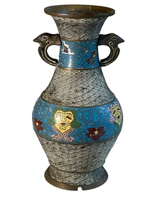 Art Nouveau Bronze Cloisonne Amphora Planter Vase with Handles Lamp Hole in Base - Picture 1 of 9