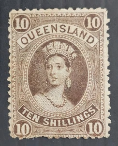 1882 Queensland Australia 10/- Bwn Large Chalon Head stamp Thin paper Mint £250 - Bild 1 von 2