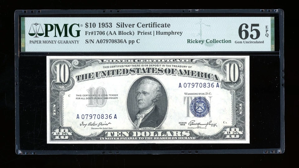 DBR 1953 $10 Silver Gem Fr. 1706 PMG 65 EPQ Serial A07970836A - Image 1 of 2
