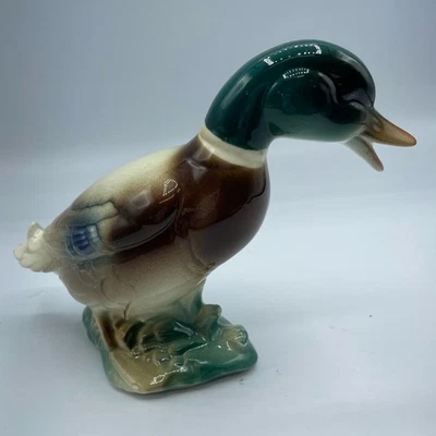 Vintage Mallard Duck Ceramic Figurine Small Green Cream Brown Porcelain Shelf  - Image 1 of 4