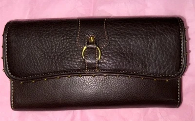 Kate Landry Brown Leather Credit Card  Check Book Long Wallet Jacquard Lining - Image 1 of 4