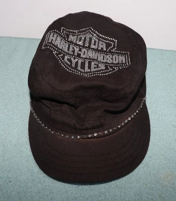 Mujer Harley Davidson Motociclista Estrás Deslumbrante Negro Sombrero Solapa Gorra Ajustable Foto 1 de 4