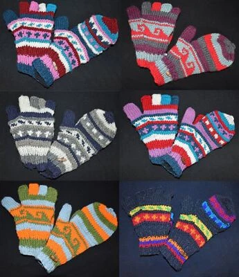New Fair Trade Knitted Wool Fleece Lined Gloves - Hippy Winter Warm Boho - Image 1 of 4