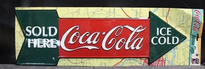 Vintage 1990 Coca Cola Sold Here Tin Embossed Metal Arrow Sign Old Decoration - Picture 1 of 3