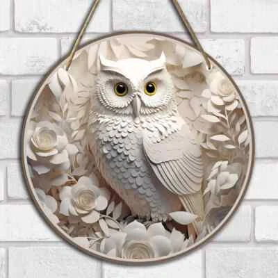 Letrero de madera redondo de búho blanco decoración de arte de pared Foto 1 de 2