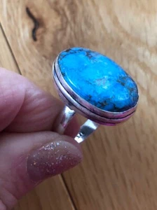 Blue Turquoise Oval Ring Size 8 Shadow Bezel Web Matrix Artisan - Picture 1 of 5