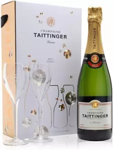Taittinger Brut Reserve Champagne 75cl & Flute Glasses Gift Set in Bubbles Box - Picture 1 of 3