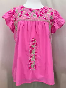 NWT - J MARIE pink green Embroidered Flutter Sleeve Lined Kehlani Top - M - Picture 1 of 10