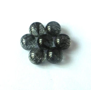 7X7 mm Round Shape Natural Black Rutilated Quartz Cabochon Gemstone 7 Pieces Lot - Picture 1 of 4