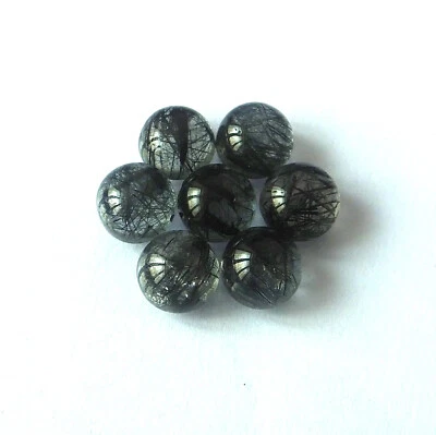 7X7 mm Round Shape Natural Black Rutilated Quartz Cabochon Gemstone 7 Pieces Lot - Image 1 of 4