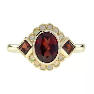 14K Yellow Gold Natural Garnet Opal Three Stone Ring - Picture 1 of 11