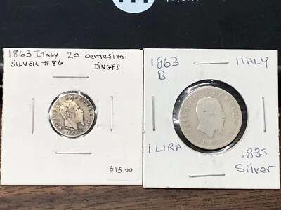 1863-M BN Italy 1 Lira & 20 Centesimi .835 Silver World Coin Lot Vittorio - Image 1 of 4