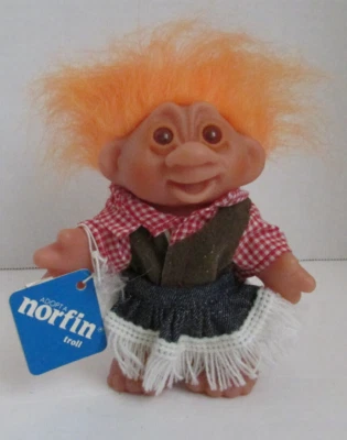 Muñeca Troll Norfin Dam 1986 vintage 4,5" vaquera (pelo naranja) nueva con etiquetas Foto 1 de 3