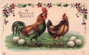 Geprägte fröhliche Ostern Hahn Hühner Eier Postkarte N472 - Bild 1 von 2