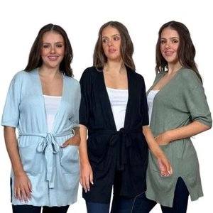 Ladies Short Sleeve Ribbed Tie Belt Cardigan - Picture 1 of 13