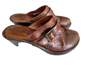 Born Brown Leather Ankle Strap Slip On Platform Wedge Mule Clogs Women's Size 8M