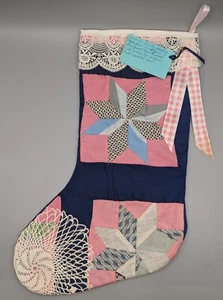 Vtg Christmas Stocking Handmade from Antique Star Quilt w Crochet & Lace - Picture 1 of 14