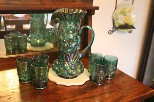 Fenton Glass Green Spruce Carnival Glass Iris Tankard Pitcher & 6 Tumblers 2000 - Picture 1 of 12