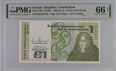 Ireland 1 pound Medb P70d Irish Irland 17.7.89 PMG 66EPQ UNC BJK 419 748 1/3 - Image 1 of 2