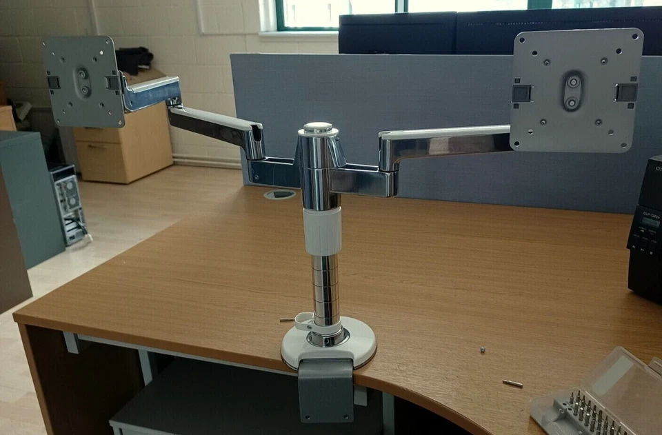 2X Dell 23" HD Monitors and cables with Humanscale Dual Monitor Arm Desk Mount - Image 1 of 4