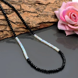 AA Natural Black Spinel Necklace, Spinel Roundel & Ethiopian Opal Beaded Jewelry - Picture 1 of 3