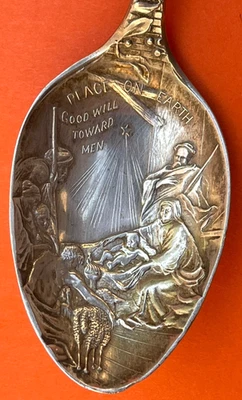 CUCHARA RECUERDO PLATA ESTERLINA FELIZ NAVIDAD 5-7/8” SANTA CLAUS EN CHIMENEA Foto 1 de 4