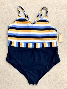 Kona Sol Swimsuit One Piece Plus 18W Multicolor Striped V-Neck Strappy Back New - Picture 1 of 4