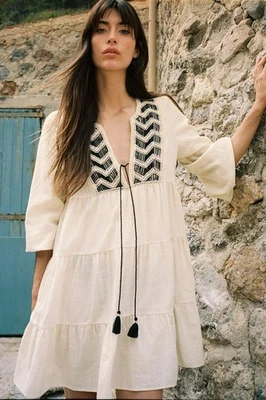 ZARA BOHO EMBROIDERED PANEL ECRU MINI DRESS XL - Image 1 of 4