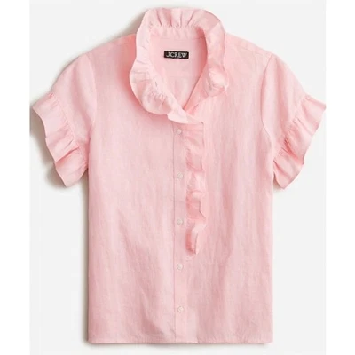 J Crew Camiseta de Manga Corta de Lino Talla 2 Rosa Volantes Pastel Softgirl Ropa de Trabajo Foto 1 de 4