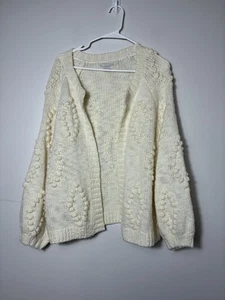 Lucky Brand Open Front Cardigan Sz Large White Balloon Sleeve Boho Wool Blend - Picture 1 of 9