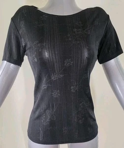 Schwarzes halbtransparentes Kurzarm-Top für Damen, Kletterrosenmuster - Bild 1 von 18
