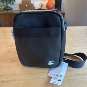 NEW Lacoste Crocodile Vertical Camera Bag Black Split Cow Leather Crossover - Picture 1 of 15