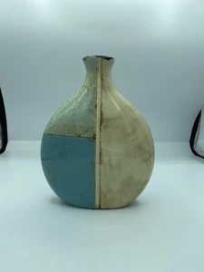 Vintage Rustic Hand painted Ceramic Vase Blue & Cream Boho Farmhouse Pottery  - Picture 1 of 10