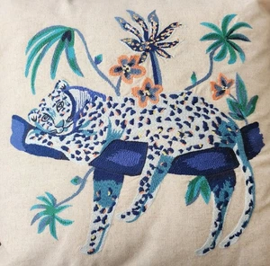 Blue Leopard Throw Pillow Jungalo Target 17 x 17 Embroidered Linen  - Picture 1 of 7