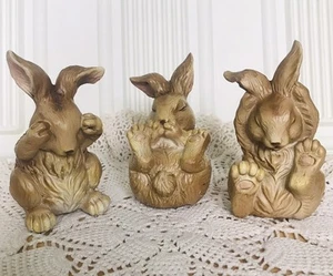 So Cute! Hear No Evil, See No Evil, Speak No Evil, Brown Resin Bunny Figurines - Picture 1 of 10