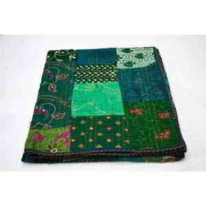 Trapuntato indiano fatto a mano assortito ricamato blu patchwork regina Kantha lancio - Foto 1 di 3