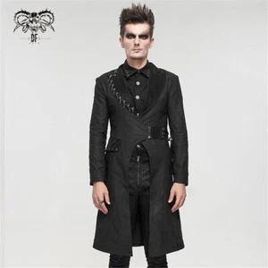 Devil Fashion Black Gothic Turn Down Collar Jacket Punk Mid-length Coat For Men - Picture 1 of 17