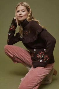 Anthropologie Ruffled Embroidered Turtleneck Sweater Allison New York Small  - Picture 1 of 11