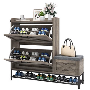 Ultym Farmhouse Shoe Storage Cabinet w/2 Flip Drawers &Shoe Bench for 16 Pairs - Picture 1 of 10