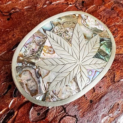 MEXICAN SILVER PLATED 70’s 70s 80s Vintage Etched Weed Abalone Shell Belt Buckle - Image 1 of 4