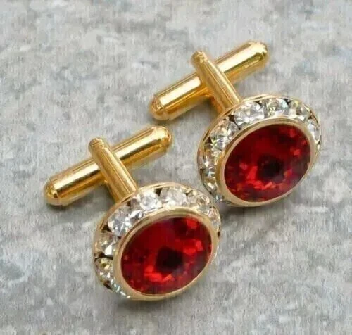 2 Ct Round Lab Created Pink Ruby Halo Men's Cufflinks 14K Yellow Gold Plated - Image 1 of 4