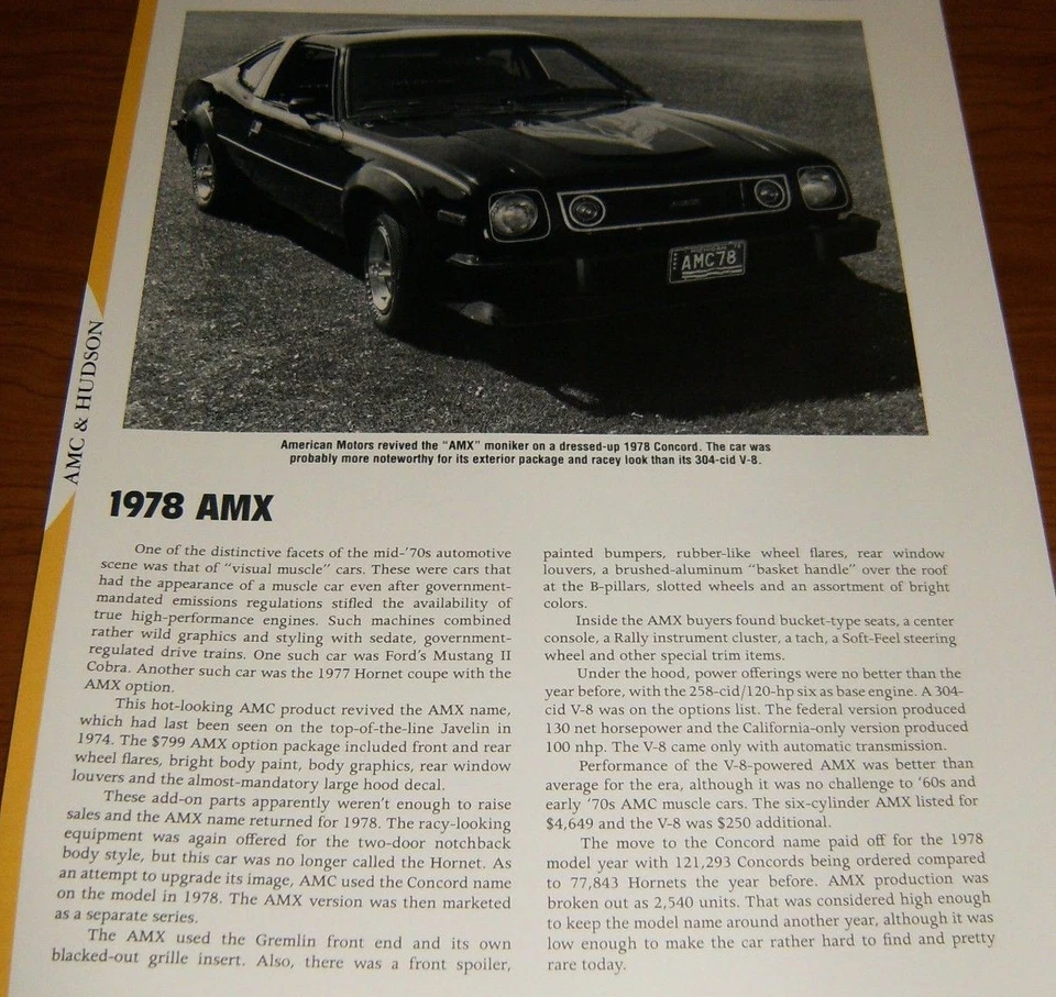 1978 AMC AMX SPECS INFO PHOTO 78 CONCORD 304 V8 258 AMERICAN MOTORS - Image 1 of 1