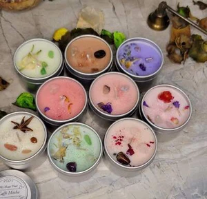 Handmade Soy Intention Candle: Crystal & Flower Infused, 2oz Sample - Picture 1 of 28