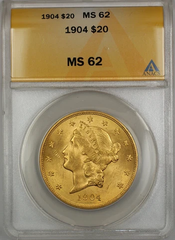 1904 $20 Liberty Double Eagle Gold Coin ANACS MS-62 SB (A) Cover