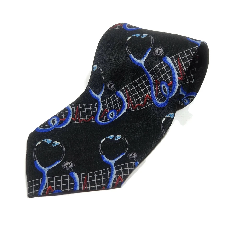 E Graziano Mens Stethoscope Physician Dr Novelty Neck Tie Black Blue Red 58"X4" - Image 1 of 4